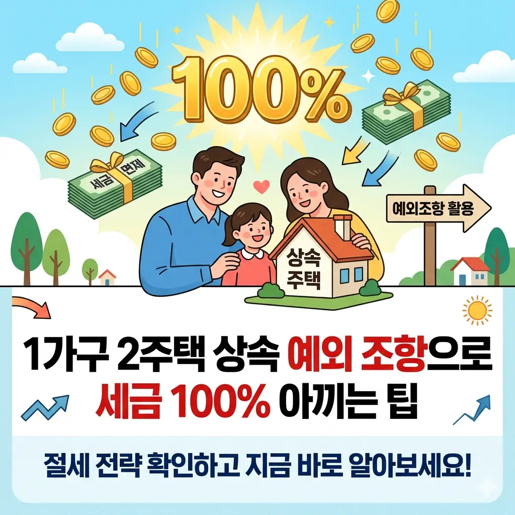 1가구 2주택 상속 예외 조항을 활용해 세금을 100% 절약하는 방법을 안내하는 부동산 세금 정보 썸네일