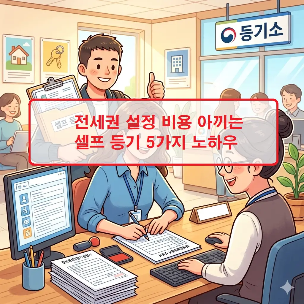 전세권 설정 비용을 절약하기 위해 셀프 등기 서류를 꼼꼼히 검토하는 모습