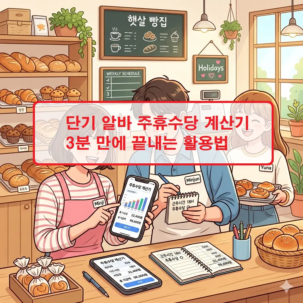 단기 알바 주휴수당 계산기 사용법과 지급 기준을 시각화한 모바일 화면 예시 이미지