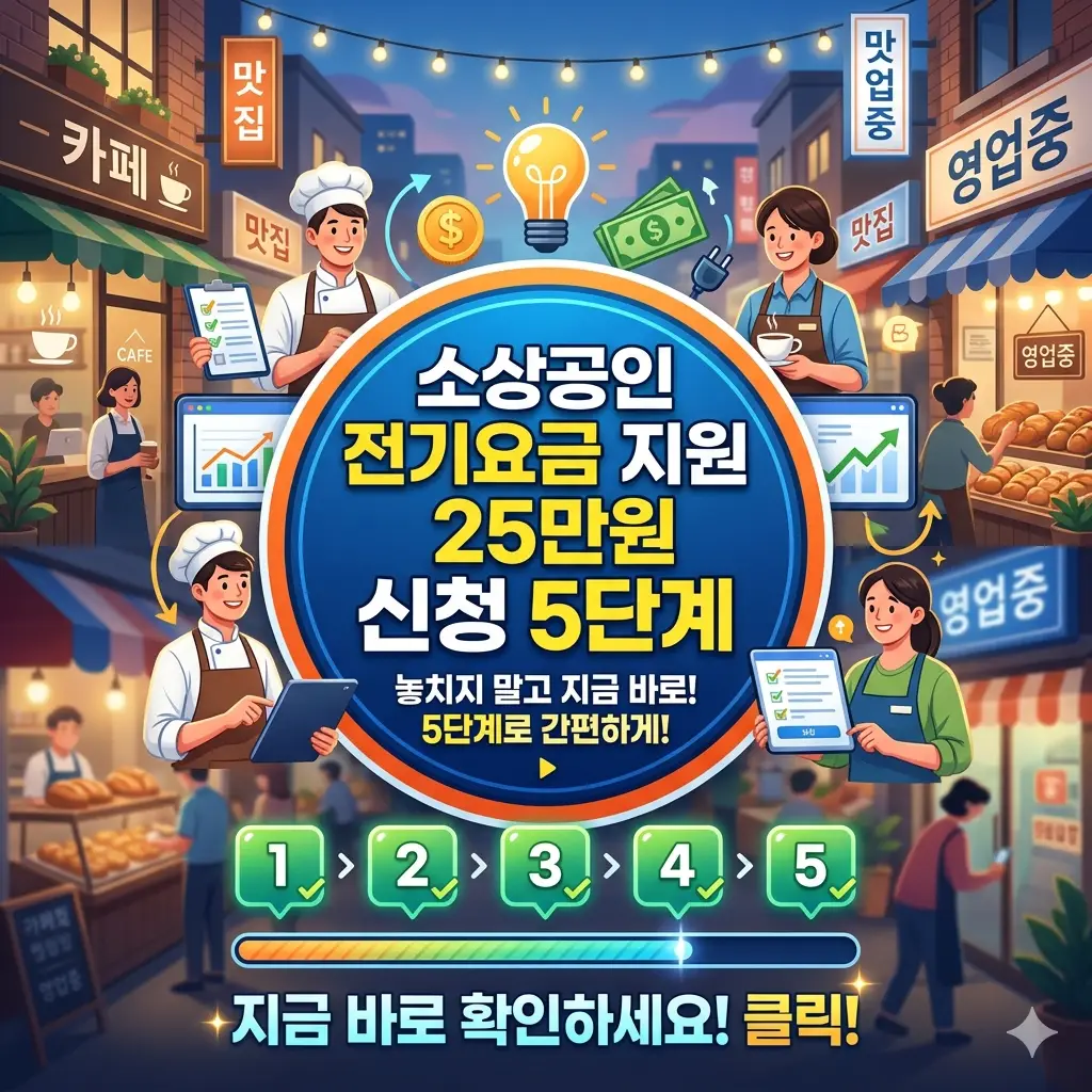 소상공인 전기요금 지원 25만원 신청 방법을 5단계로 안내하는 정부 지원 정보 썸네일