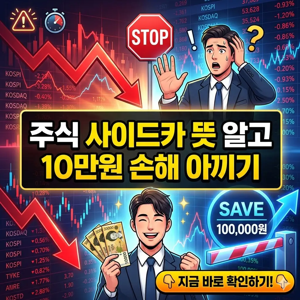 주식 사이드카 뜻을 알고 10만원 손해를 아끼는 방법을 소개하는 주식 투자 정보 썸네일 이미지