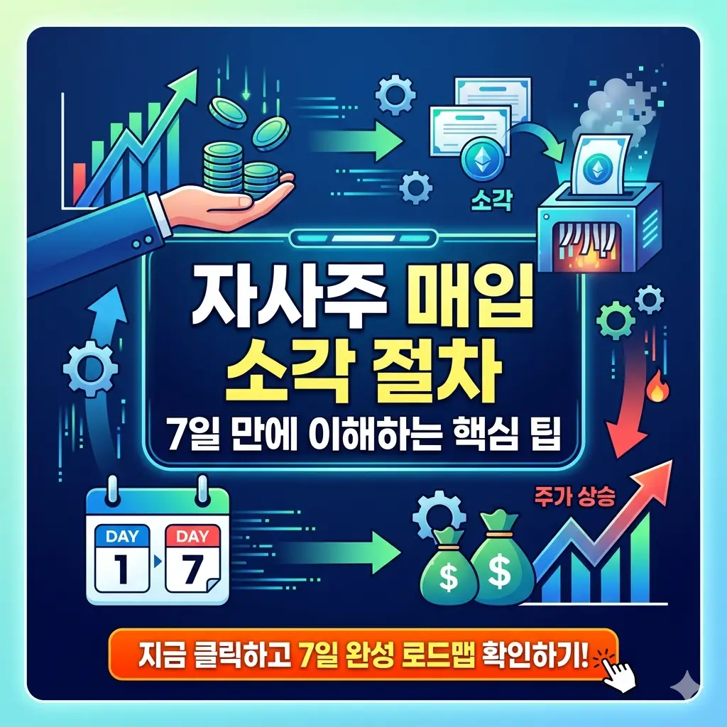 자사주 매입 소각 절차의 핵심 단계와 주주 가치 제고 효과를 정리한 비즈니스 안내 이미지