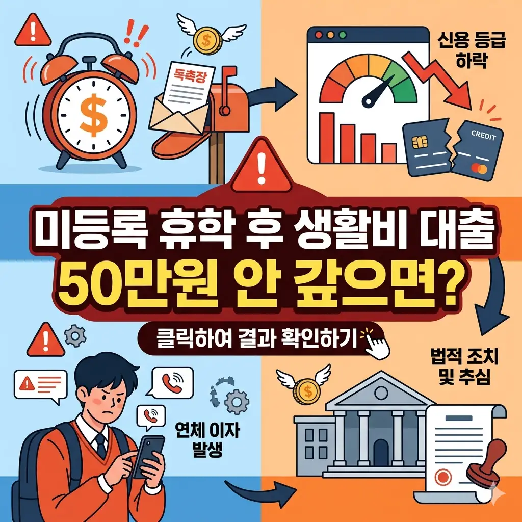 미등록 휴학 시 생활비대출 미상환에 따른 신용 하락과 연체 불이익을 경고하는 안내 이미지