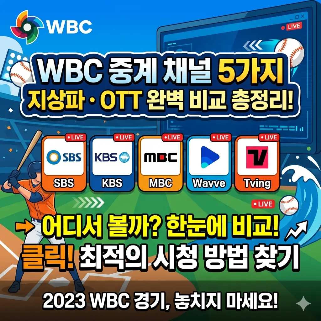 WBC 중계 채널 5가지를 지상파와 OTT로 나눠 비교 정리한 안내 이미지