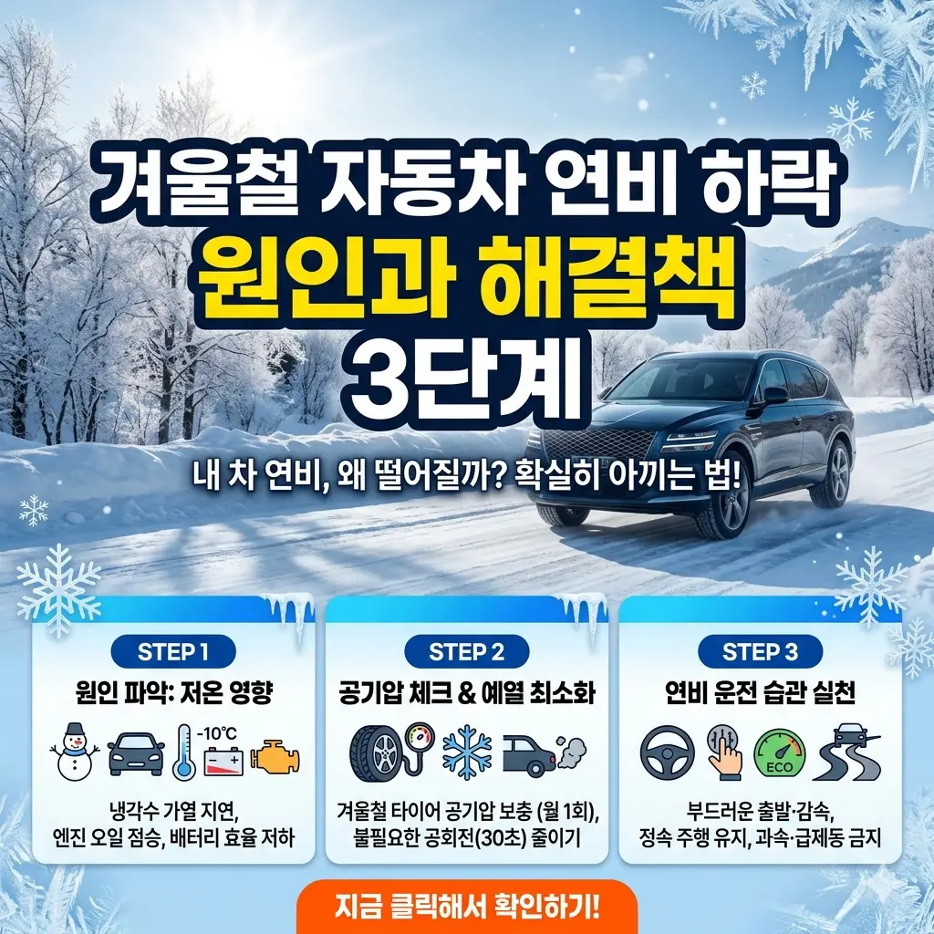 눈 덮인 도로 위에서 겨울철 자동차 연비 하락 원인을 설명하는 계기판과 차량 이미지
