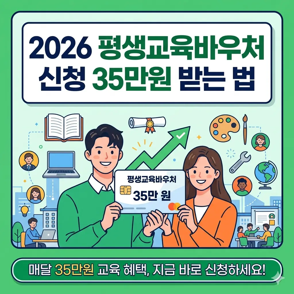 국가평생교육진흥원의 '2026 평생교육바우처' 제도를 소개하며, 35만 원의 교육 카드를 들고 미소 짓는 사용자와 다양한 평생 교육 아이콘을 담은 정보성 썸네일 이미지