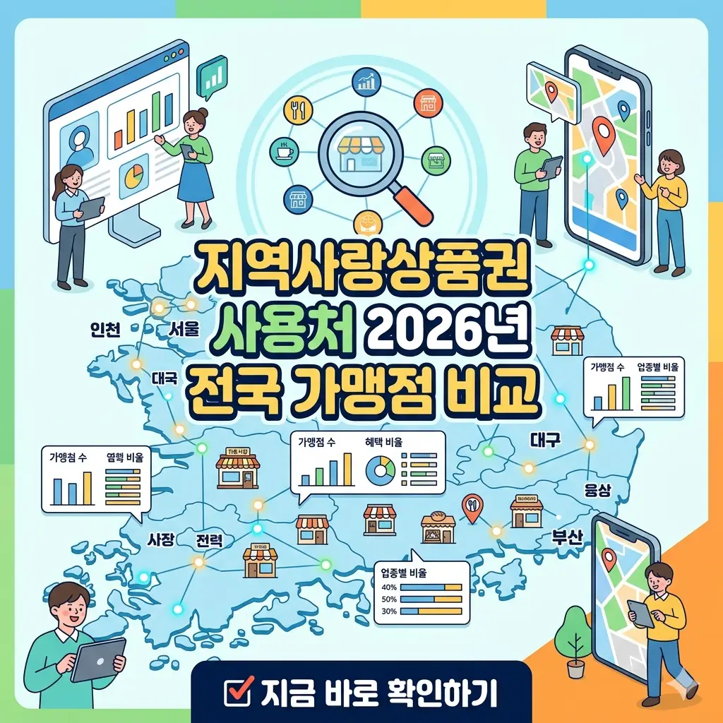스마트폰 화면 속 대한민국 지도와 다양한 상점 아이콘들이 연결되어 있으며, 중앙에 "지역사랑상품권 사용처 검색" 텍스트가 명확하게 보이는 1:1 비율의 포스터 이미지.