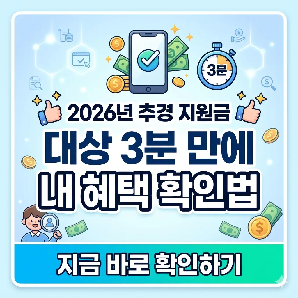 2026년 추경 지원금 대상을 3분 만에 간편하게 확인하는 방법을 설명하는 1:1 비율의 정보성 썸네일 이미지.