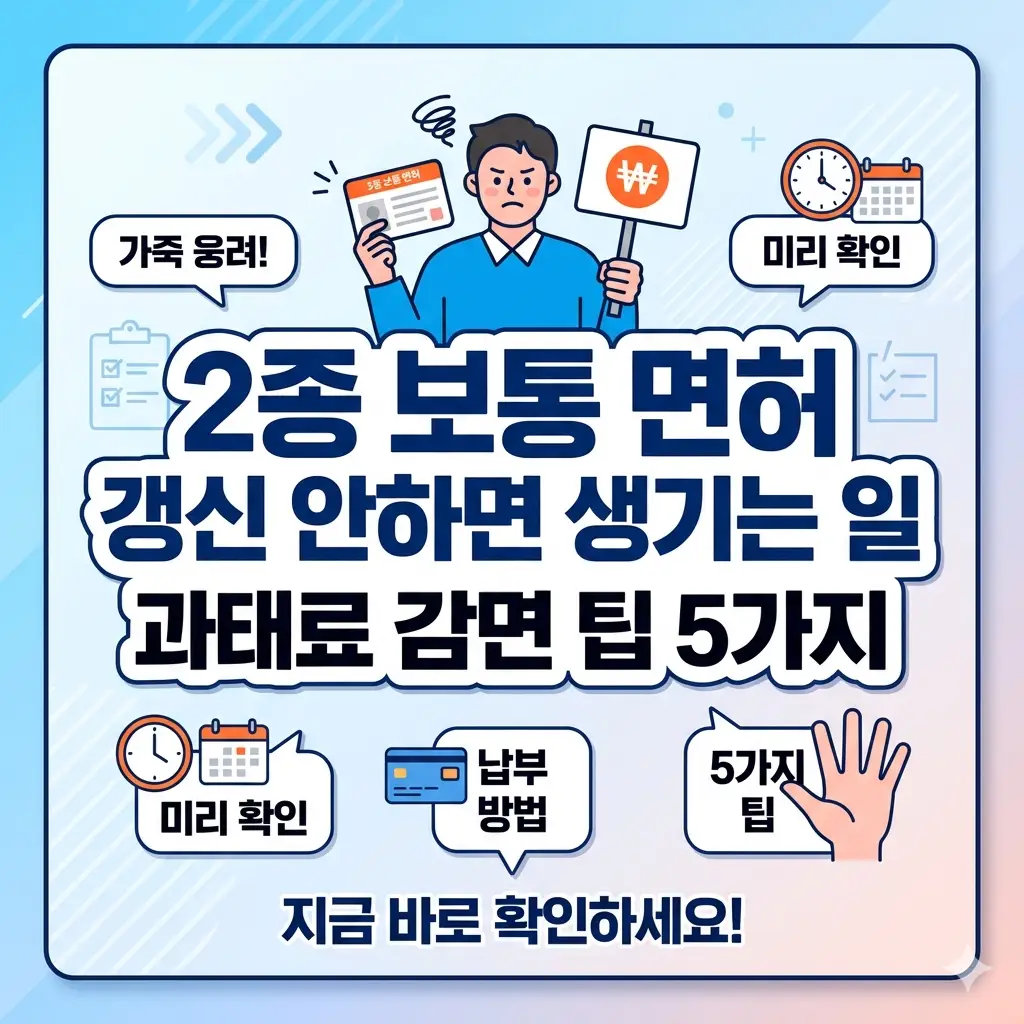 2종 보통 면허 갱신 미처리 시 과태료 부과 정보와 감면 팁 5가지를 요약한 썸네일 이미지입니다.