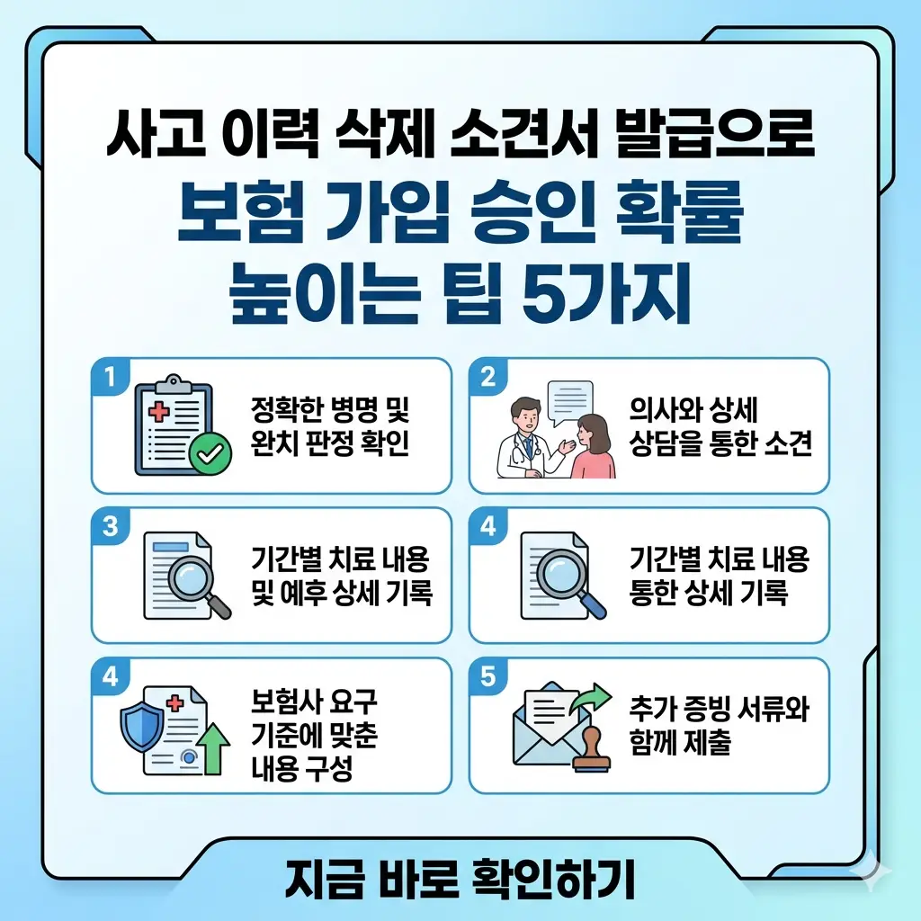 보험 가입 승인 확률을 높이는 사고 이력 삭제 소견서 발급 5가지 팁을 정리한 1:1 비율의 정보성 썸네일 이미지.