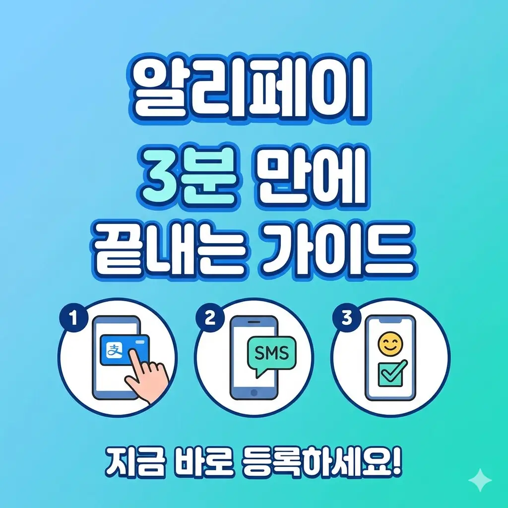 알리페이 앱에서 신용카드 또는 체크카드를 빠르고 쉽게 등록하는 과정을 단계별로 시각화한 정보성 썸네일 이미지입니다.
