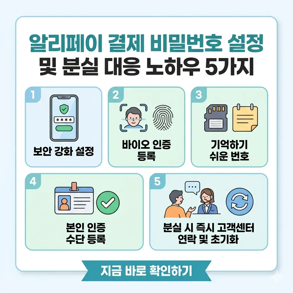 알리페이 결제 비밀번호 설정 및 분실 시 대응하는 5가지 핵심 노하우를 정리한 카드 뉴스 형태의 썸네일 이미지.
