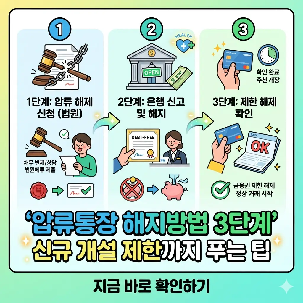 압류된 통장을 해지하고 신규 개설 제한까지 푸는 3단계를 시각화하여, '압류 해제 신청', '신고 및 해지', '제한 해제 확인' 과정을 보여주는 1:1 이미지입니다.