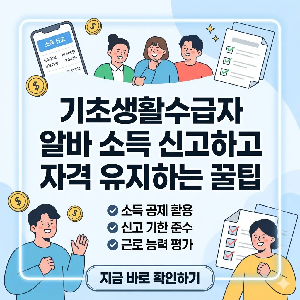 기초생활수급자가 알바 소득을 신고하면서 수급 자격을 유지하는 방법을 설명하는 썸네일 이미지.
