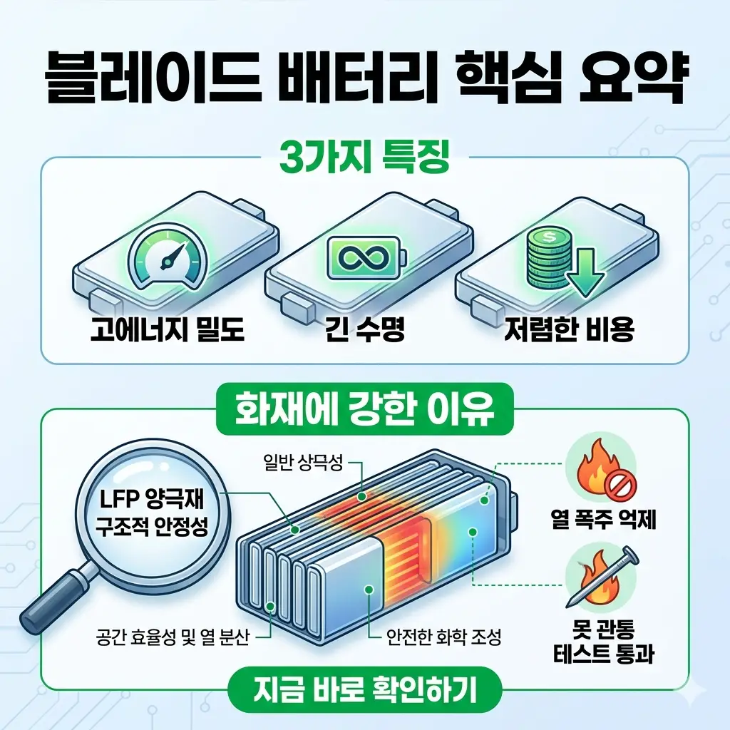 세 가지 핵심 특징과 뛰어난 화재 안전성을 강조하는 블레이드 배터리 기술 정보 그래픽.