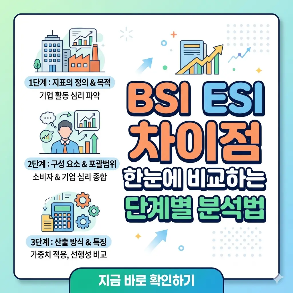 BSI와 ESI 지표의 정의, 구성 요소, 산출 방식, 특징을 단계별로 비교한 1:1 카드뉴스 스타일 인포그래픽 이미지.
