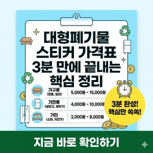 대형폐기물 스티커 가격표 핵심 정리를 주제로, 품목별 가격 예시와 '3분 만에 확인' 문구가 포함된 밝은 톤의 1:1 비율 썸네일 이미지.