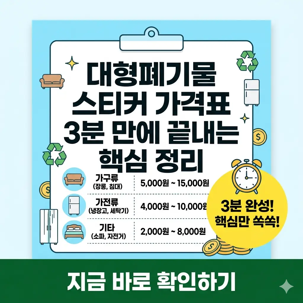 대형폐기물 스티커 가격표 핵심 정리를 주제로, 품목별 가격 예시와 '3분 만에 확인' 문구가 포함된 밝은 톤의 1:1 비율 썸네일 이미지.