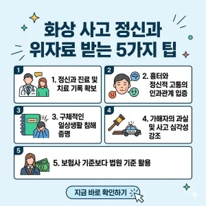 화상 사고 정신과 위자료를 받기 위한 5가지 핵심 팁을 직관적으로 보여주는 밝은 톤의 1:1 썸네일 이미지.