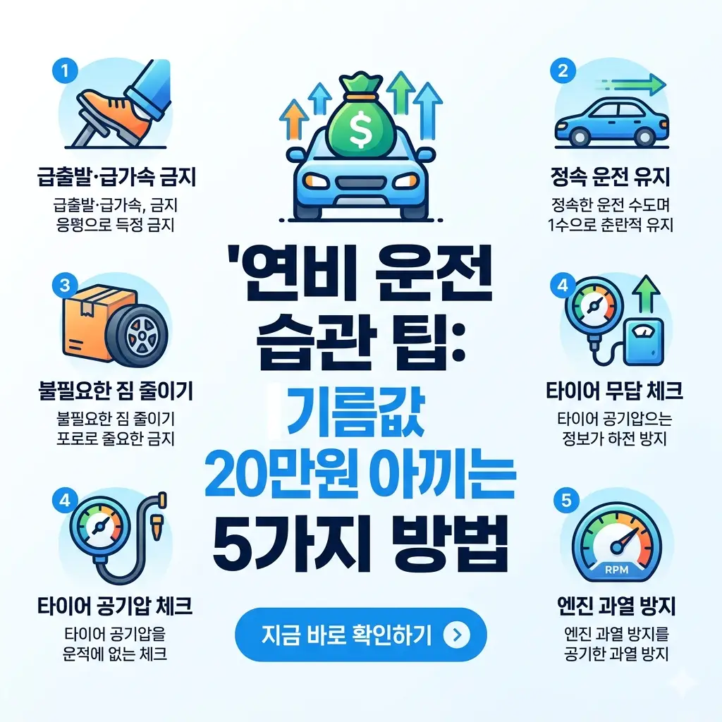 자동차 계기판, 주유 아이콘, 화살표, 지폐 이미지를 활용해 연비 운전 팁으로 기름값을 절약하는 방법을 시각적으로 설명하는 1:1 썸네일 이미지.