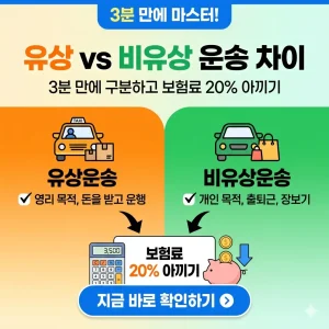 유상운송과 비유상운송의 차이를 3분 만에 설명하고 보험료 20%를 아끼는 팁을 직관적으로 보여주는 1:1 비율의 썸네일 이미지.