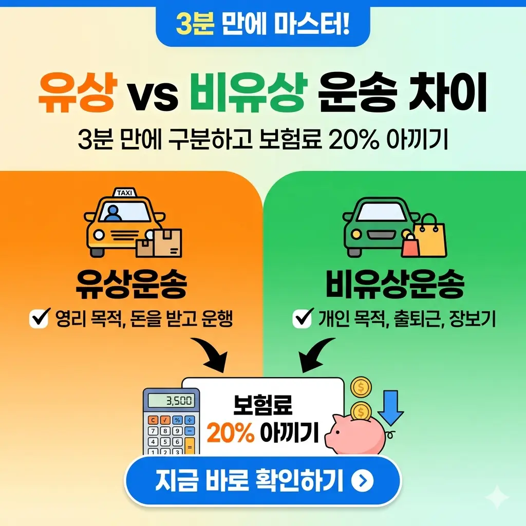 유상운송과 비유상운송의 차이를 3분 만에 설명하고 보험료 20%를 아끼는 팁을 직관적으로 보여주는 1:1 비율의 썸네일 이미지.