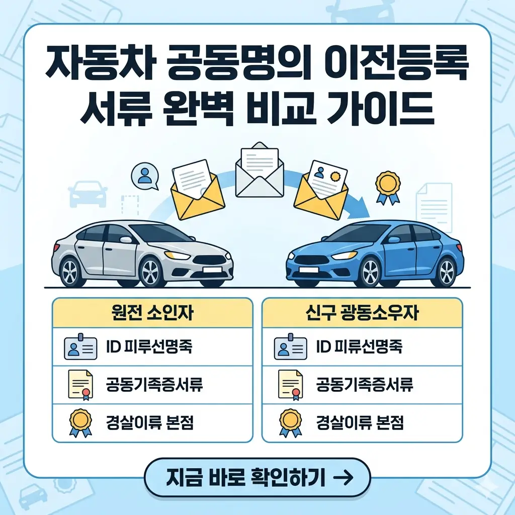 자동차 공동명의 이전등록에 필요한 서류를 두 대의 차와 서류 봉투로 명확히 비교한 1:1 썸네일 이미지.