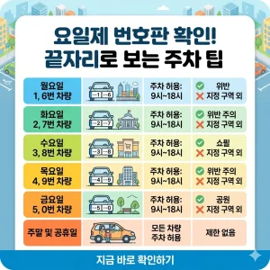 자동차 번호판 끝자리에 맞춘 주차 허용 요일(월~금)을 직관적인 인포그래픽과 함께 보여주는 썸네일.