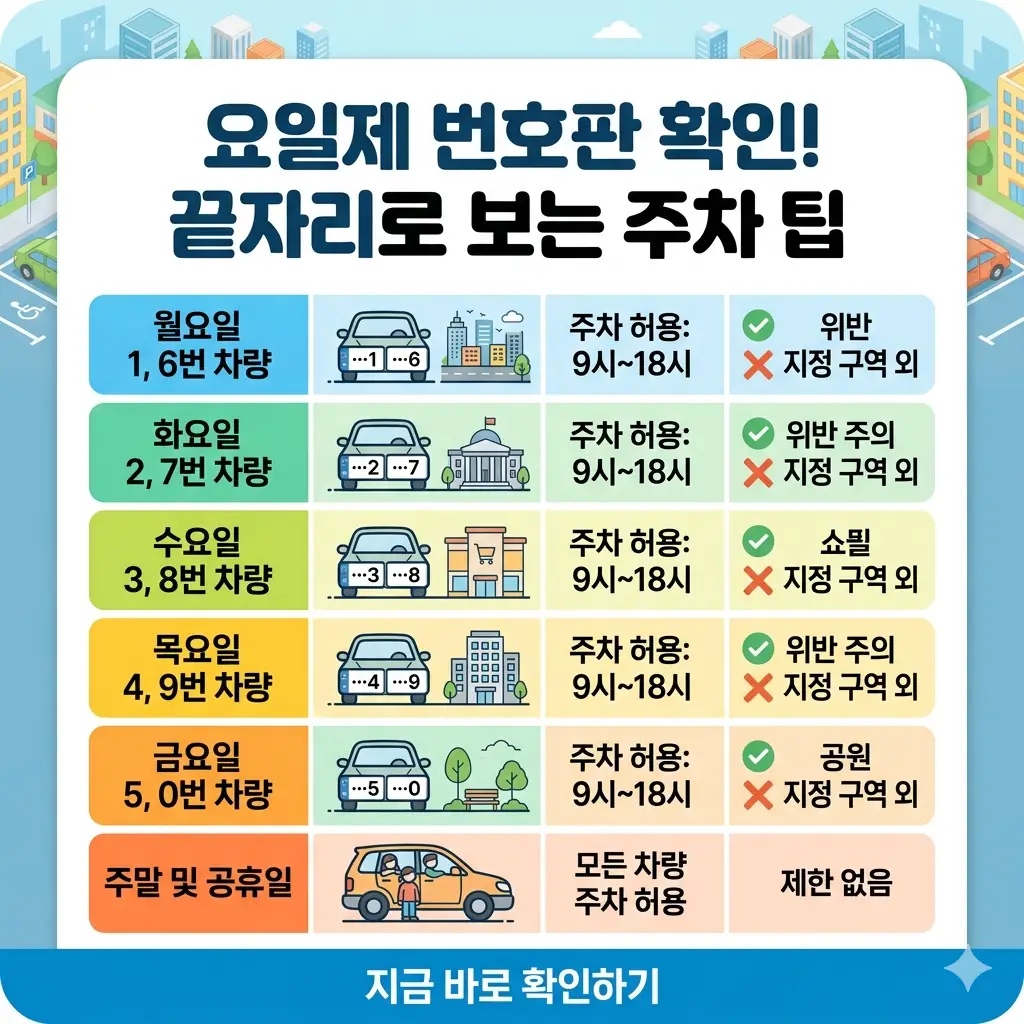 자동차 번호판 끝자리에 맞춘 주차 허용 요일(월~금)을 직관적인 인포그래픽과 함께 보여주는 썸네일.