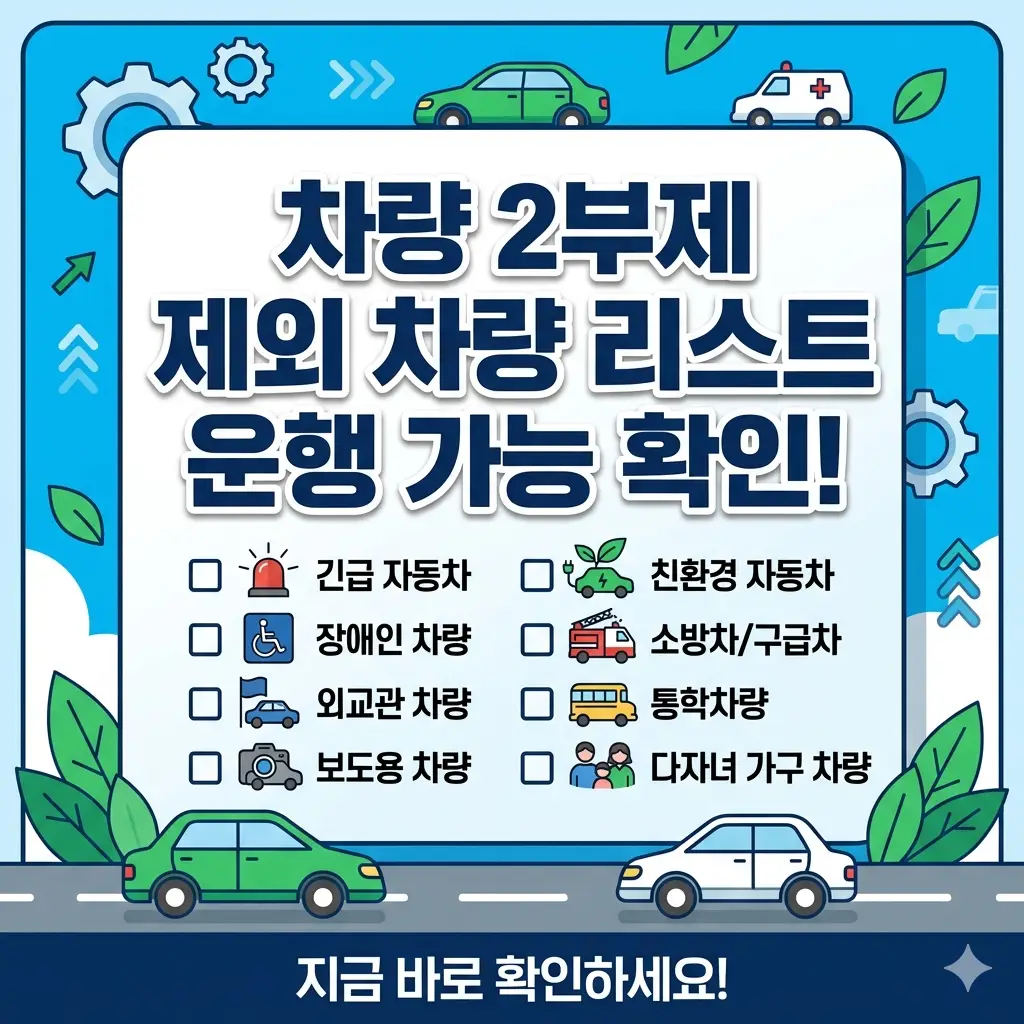 차량 2부제 운행 제한에서 제외되는 다양한 차량 종류를 보여주며, 내 차의 운행 가능 여부를 확인하는 건강한 교통 정보 썸네일 이미지