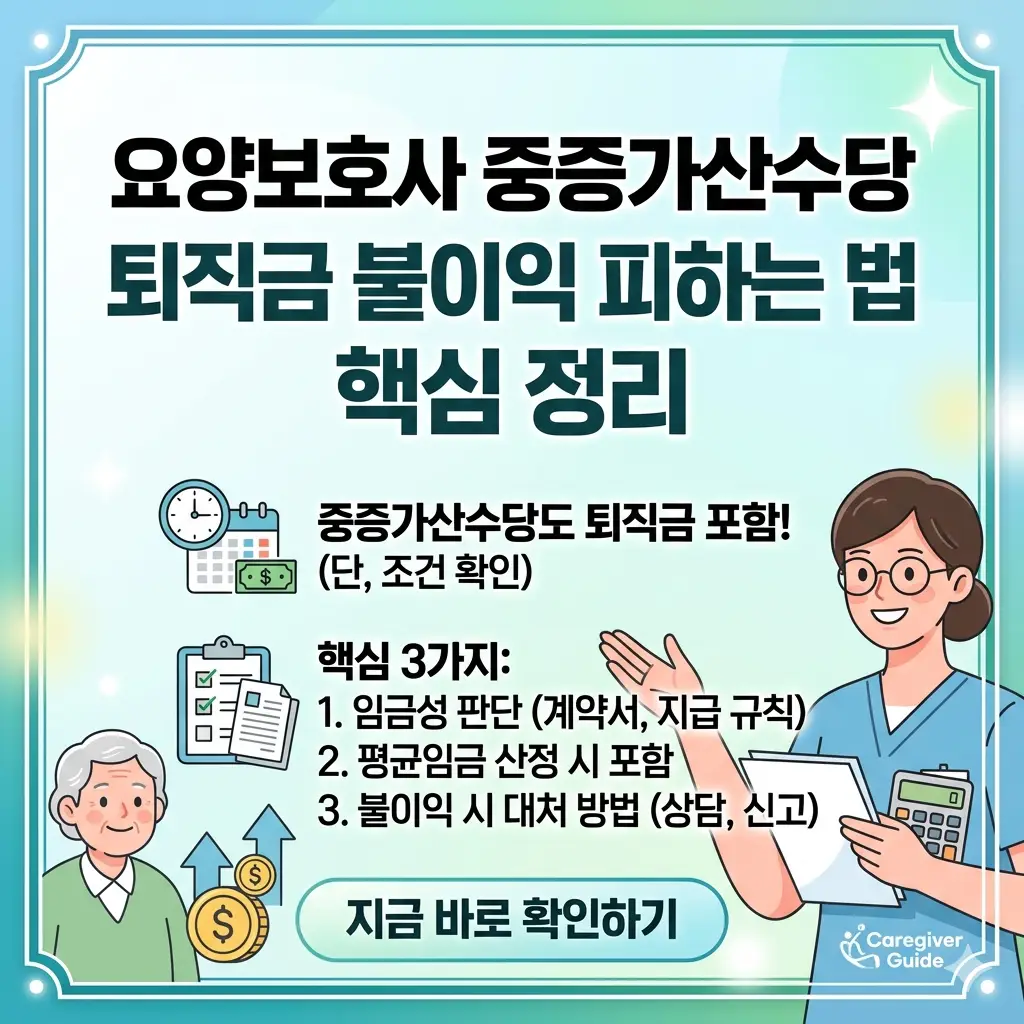 요양보호사의 중증가산수당 퇴직금 산정 불이익 예방 법을 핵심 요약하여 보여주는 밝은 포스터 스타일의 썸네일.