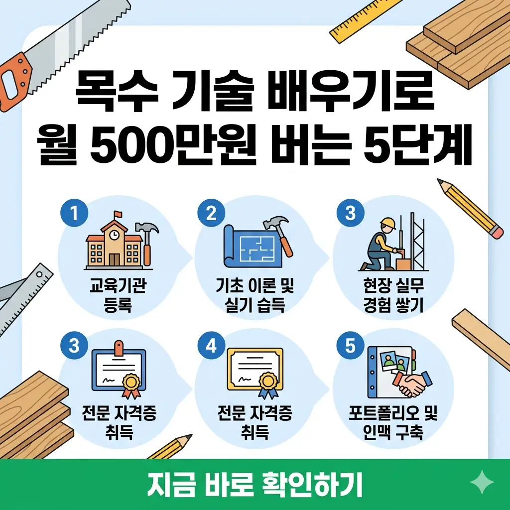 망치와 대패를 든 목수가 활짝 웃고 있으며, '월 500만원' 텍스트와 5개 단계 아이콘이 배치된 1:1 비율의 정보성 썸네일 이미지.