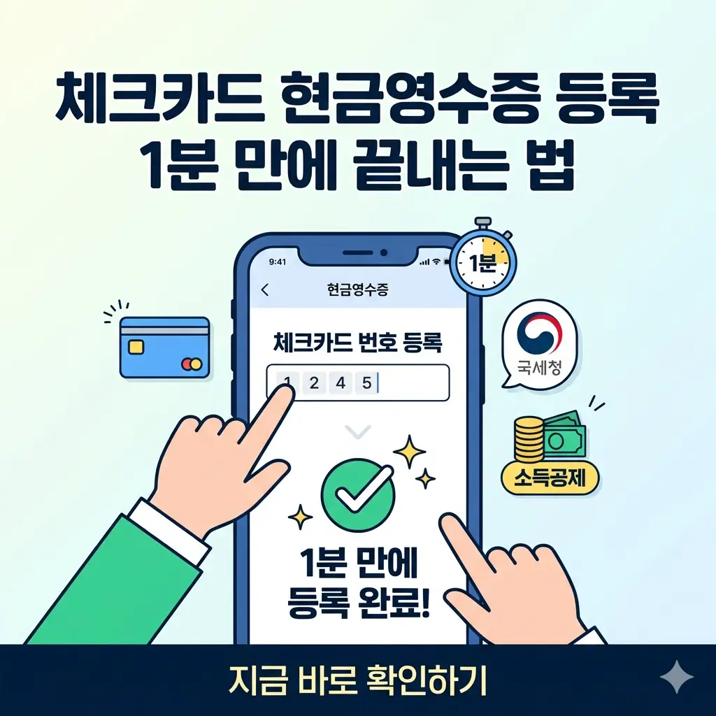 스마트폰 화면 속 국세청 손택스 앱에서 체크카드 번호를 입력하여 '1분 만에 현금영수증 등록 완료'라는 메시지가 뜨는 직관적인 1:1 이미지입니다.