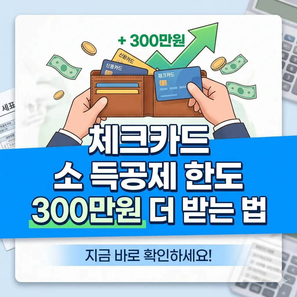 체크카드 소득공제 한도 300만원 더 받는 법을 설명하는 썸네일로, 지갑에서 신용카드와 체크카드를 꺼내는 손과 상승하는 화살표가 그려져 있습니다.