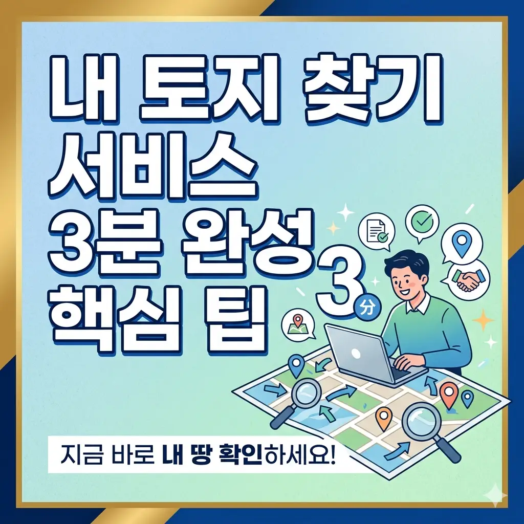 정부의 '내 토지 찾기 서비스'를 이용해 노트북과 지도로 자신의 땅을 쉽고 빠르게 확인하는 방법을 소개하는 썸네일 이미지