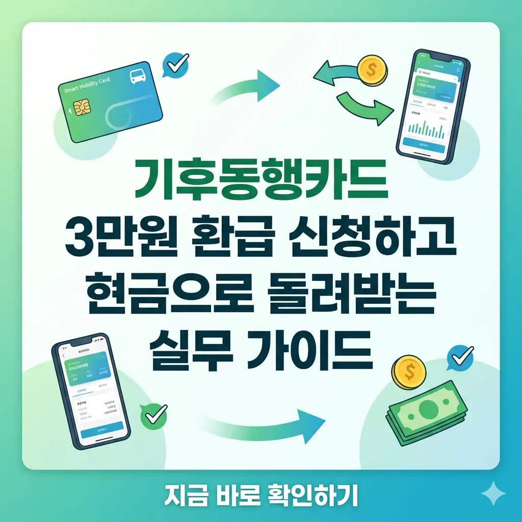 기후동행카드 3만원 환급 신청 방법과 절차를 안내하는 썸네일로, 카드와 스마트폰 아이콘이 포함되어 있습니다.