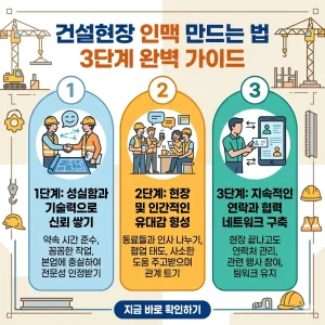 건설현장 인맥 쌓는 법 3단계 가이드를 설명하는 인포그래픽 썸네일 이미지입니다.