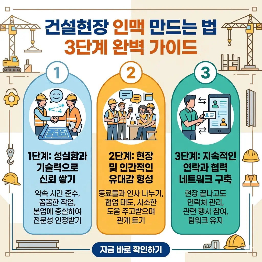 건설현장 인맥 쌓는 법 3단계 가이드를 설명하는 인포그래픽 썸네일 이미지입니다.