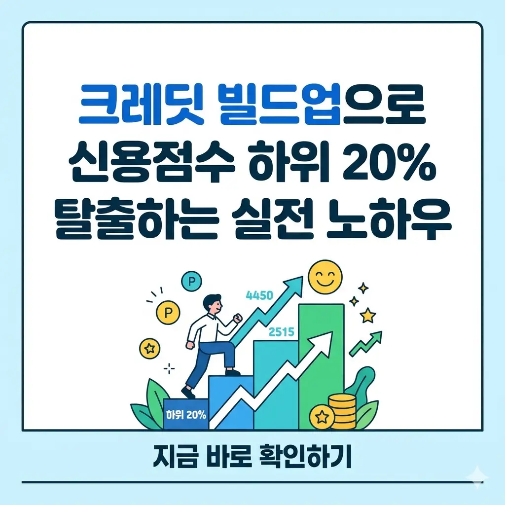 신용점수 하위 20%를 탈출하기 위한 크레딧 빌드업 실전 노하우를 담은 정사각형 썸네일 이미지입니다.