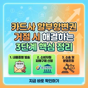 카드사 할부항변권 거절 시 해결하는 3단계 핵심 정리를 설명하는 그래픽 썸네일.