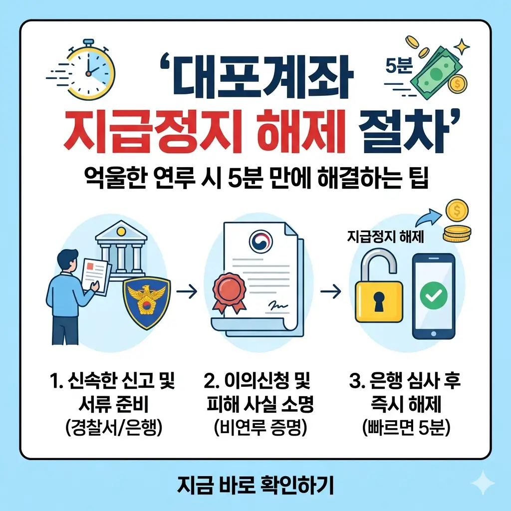 억울한 대포계좌 연루 시 지급정지를 5분 만에 해제하는 핵심 절차 가이드 썸네일.