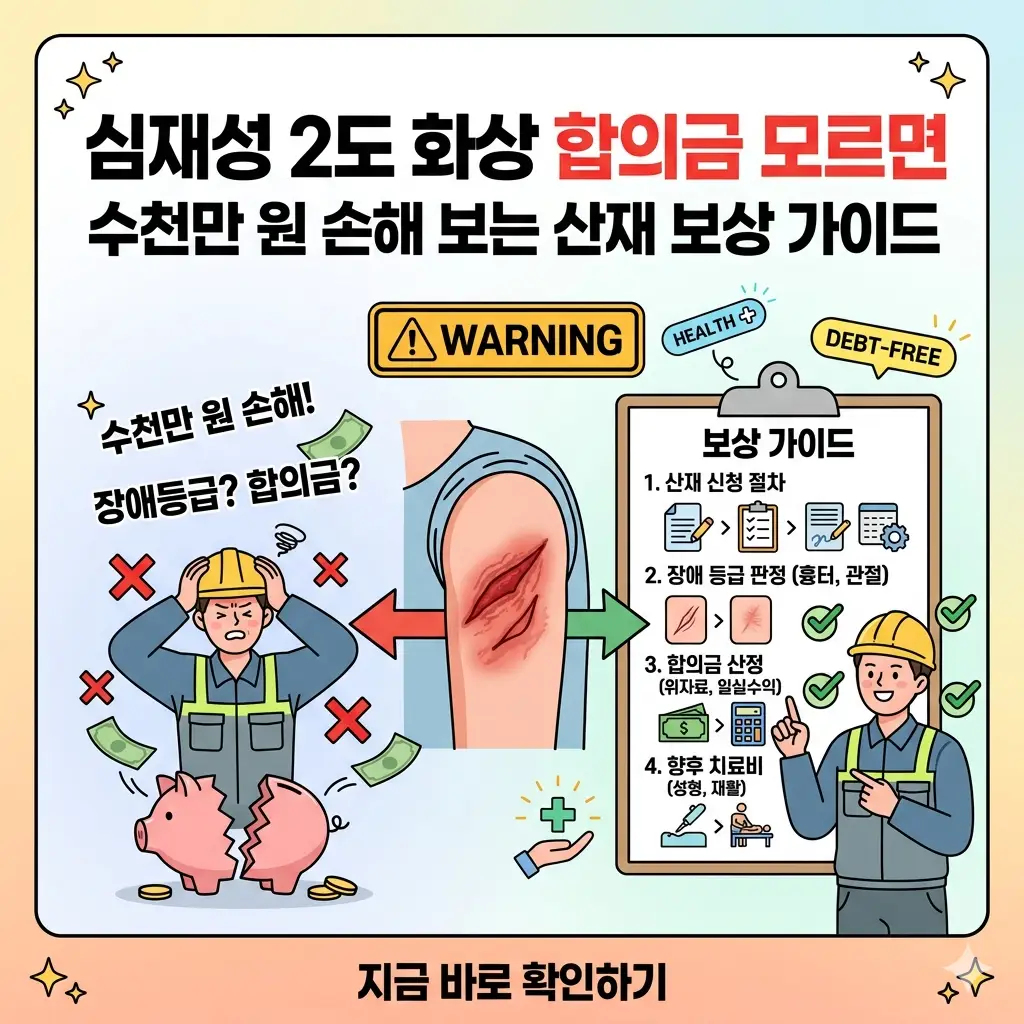 '심재성 2도 화상' 피해자가 산재 보상과 합의금 계산법을 몰라 수천만 원 손해를 보는 상황과 올바른 보상 가이드를 비교하여 보여주는 1:1 이미지입니다.