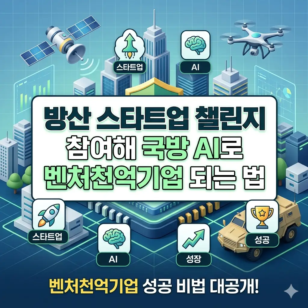 세련된 도시 스카이라인과 데이터 그리드 배경에 "방산 스타트업 챌린지 & 국방 AI" 중앙 제목이 있는 건강 썸네일 이미지