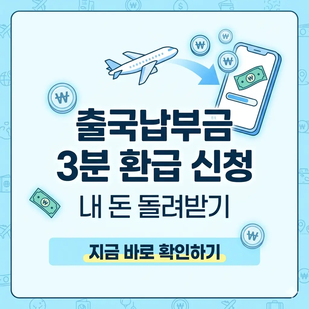 비행기와 스마트폰, 환급금 아이콘이 어우러진 배경 위에 '출국납부금 3분 환급 신청' 타이틀이 적힌 1:1 비율의 포스터 이미지.