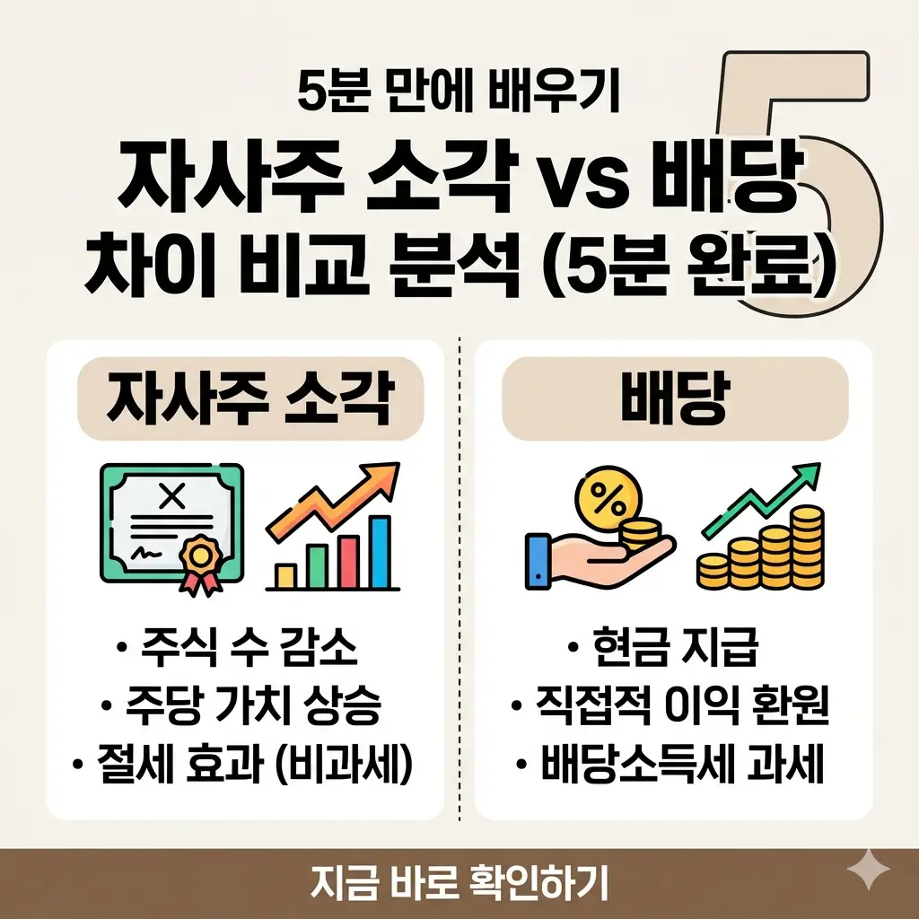자사주 소각과 배당의 차이점을 그래프와 아이콘으로 명확하게 비교하는 1:1 비율의 정보 요약 썸네일 이미지.