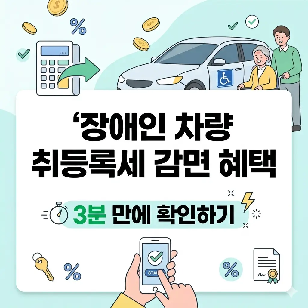 장애인 차량 구입 시 취등록세 감면 혜택 정보를 확인하는 방법을 안내하는 일러스트 썸네일 이미지