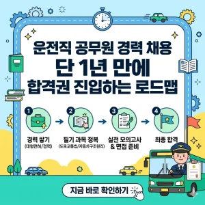 '운전직 공무원 1년 합격 로드맵'이라는 제목 아래, 달력, 시계, 책, 그리고 운전하는 모습이 포함된 체계적인 단계별 그림이 그려져 있습니다.
