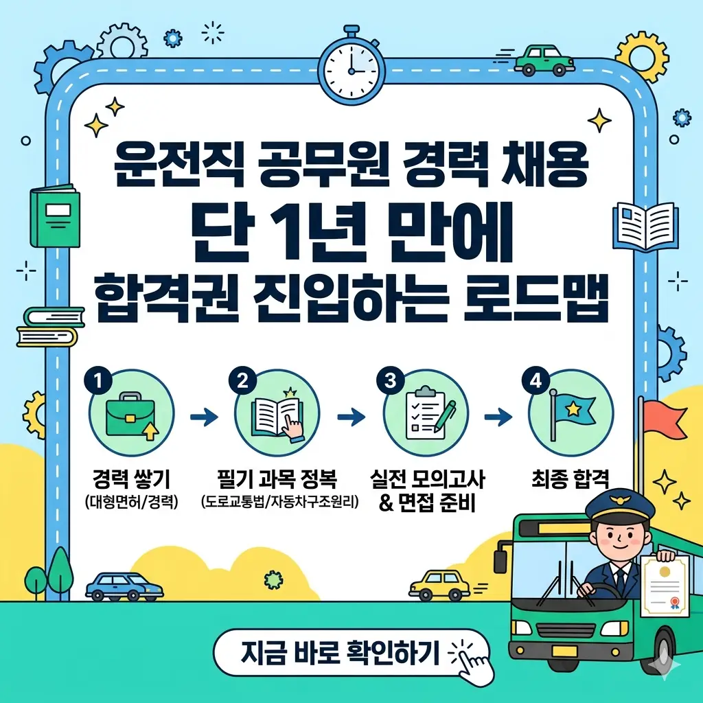'운전직 공무원 1년 합격 로드맵'이라는 제목 아래, 달력, 시계, 책, 그리고 운전하는 모습이 포함된 체계적인 단계별 그림이 그려져 있습니다.