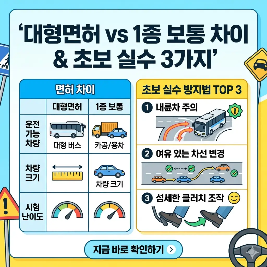 대형면허와 1종 보통의 차이점을 표로 정리하고, 초보자가 주의해야 할 내륜차, 차선 변경, 클러치 조작 실수 방지법을 시각적으로 설명하는 1:1 비율의 썸네일 이미지.