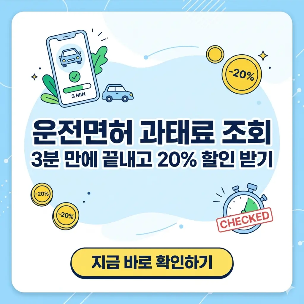 스마트폰으로 3분 만에 운전면허 과태료 조회 및 20% 할인 납부를 완료하는 방법을 안내하는 썸네일 이미지.
